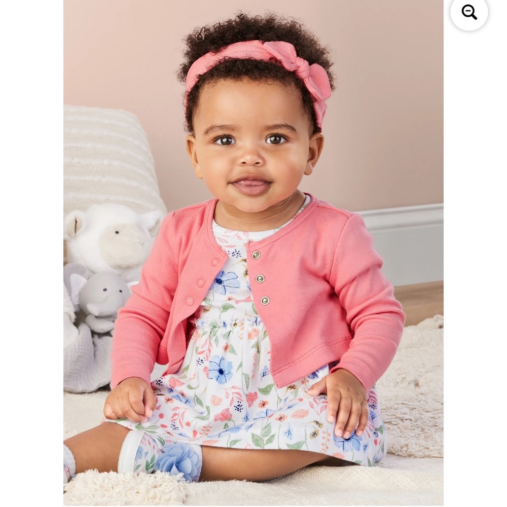 Carter's White Floral Dress Set with Pink Cardigan & Headband - Picture 3 of 11
